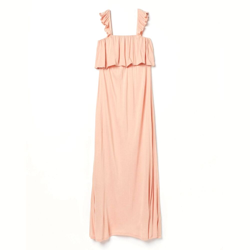 H&M MAMA Long Jersey Maternity Dress (L) in Apricot Ruffle Shoulder Flounce Maxi - Picture 12 of 14
